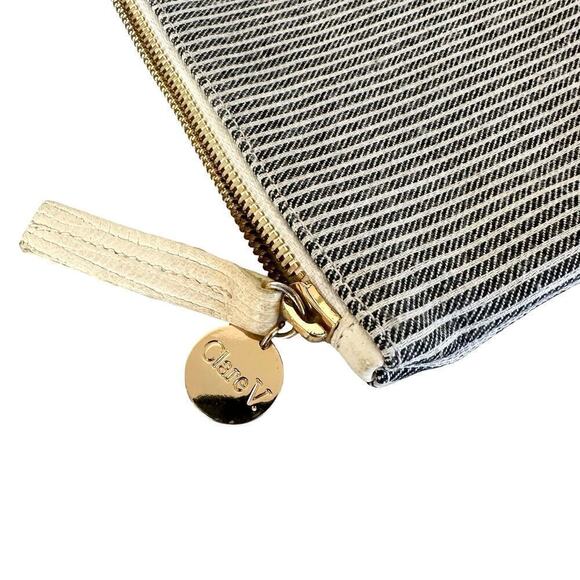Clare V. Large Flat Black Gray Stripped Fabric & Ivory Leather Clutch - Picture 6 of 7